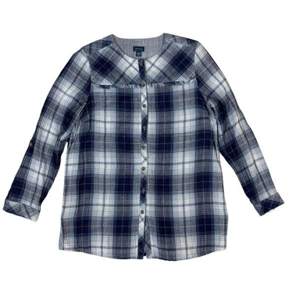 J Jill Denim Plaid Button Front Shirt Small Petite Blue White‎ Long Sleeve